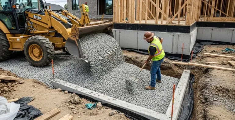 Backfilling in construction using gravel around building foundation