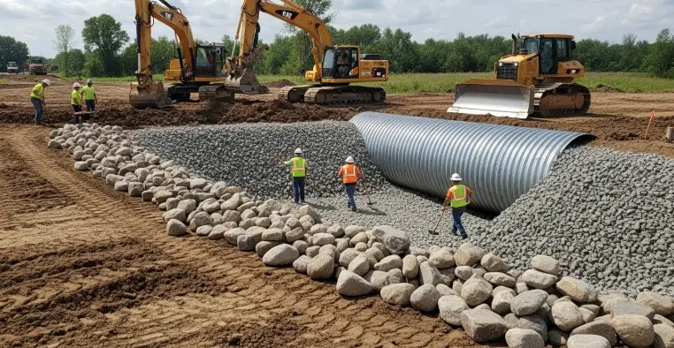 Excavation and preparing area for how to put rocks around culvert