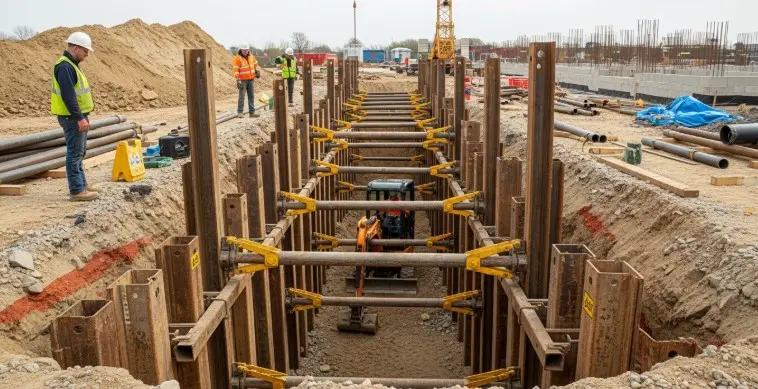 Shoring system supporting excavation trench walls on construction site